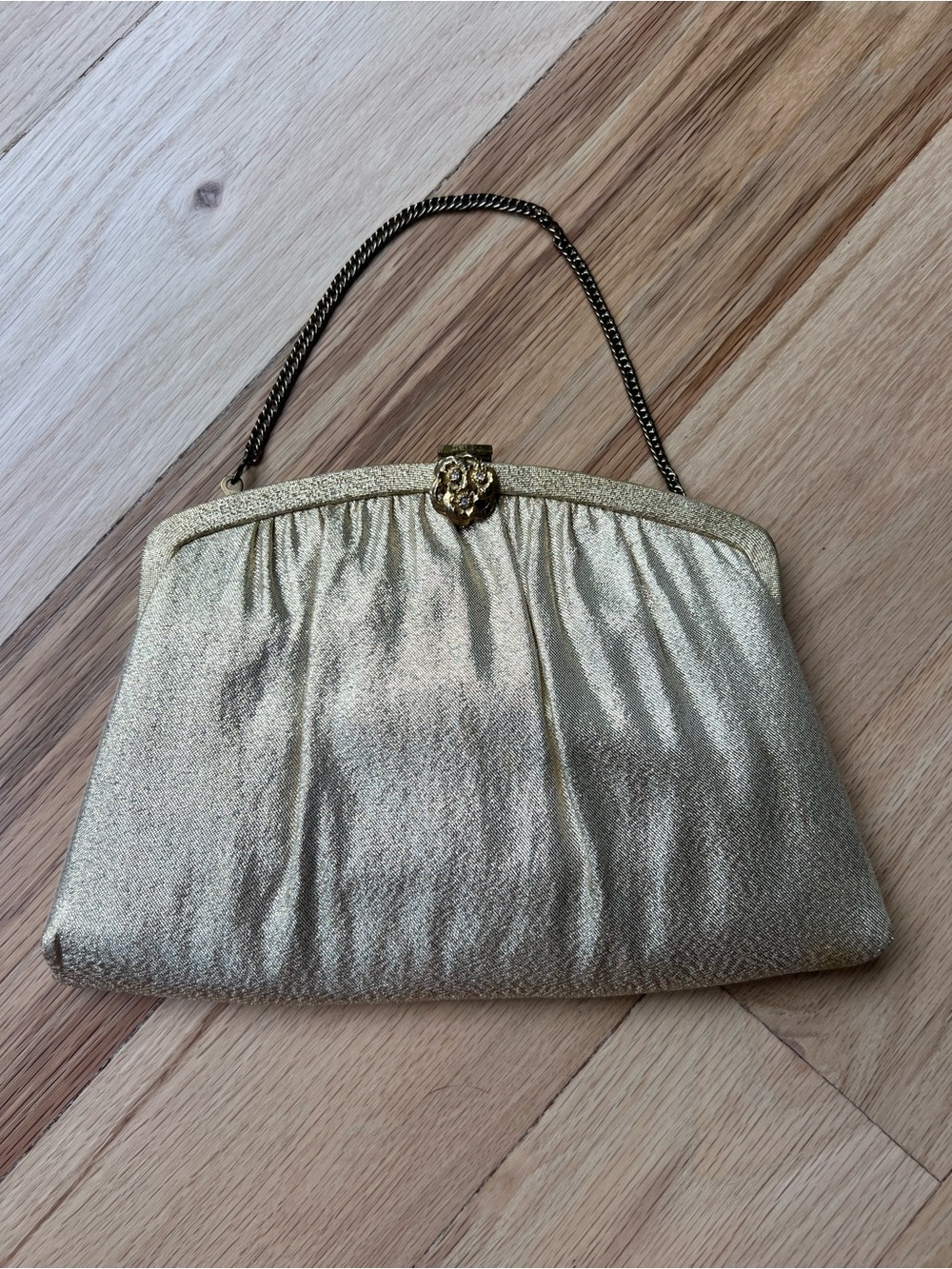 Vintage 1960s Harry Levine HL USA Gold Lame Evening Bag Rhinestone Clasp Purse